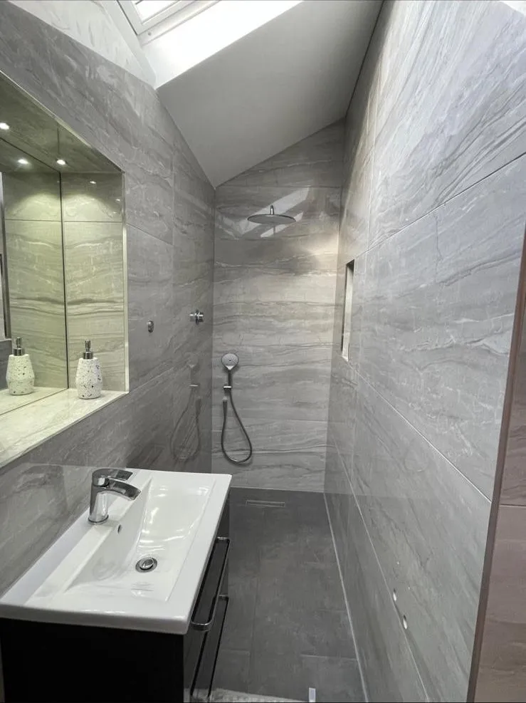 Bathroom renovation egham walk in shower grey tiles by Trade Square