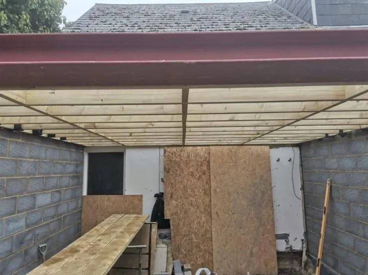 Steel beam and joists inside an extension build, Egham